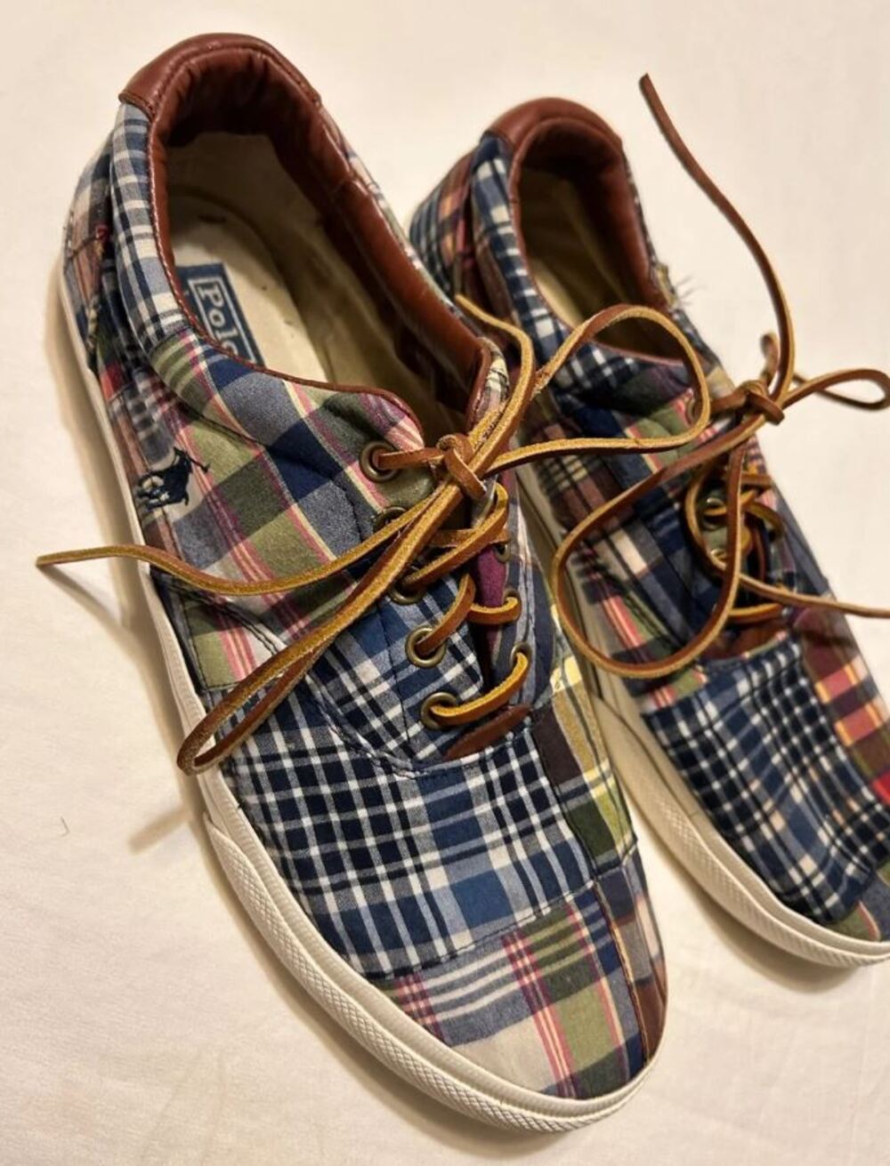 Polo Ralph Lauren Vaughn Madras Plaid Canvas and Leather Sneakers Size 10.5